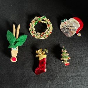 Christmas Brooch Pin Lot  Reindeer Stocking Santa Hat  Wreath Christmas Tree